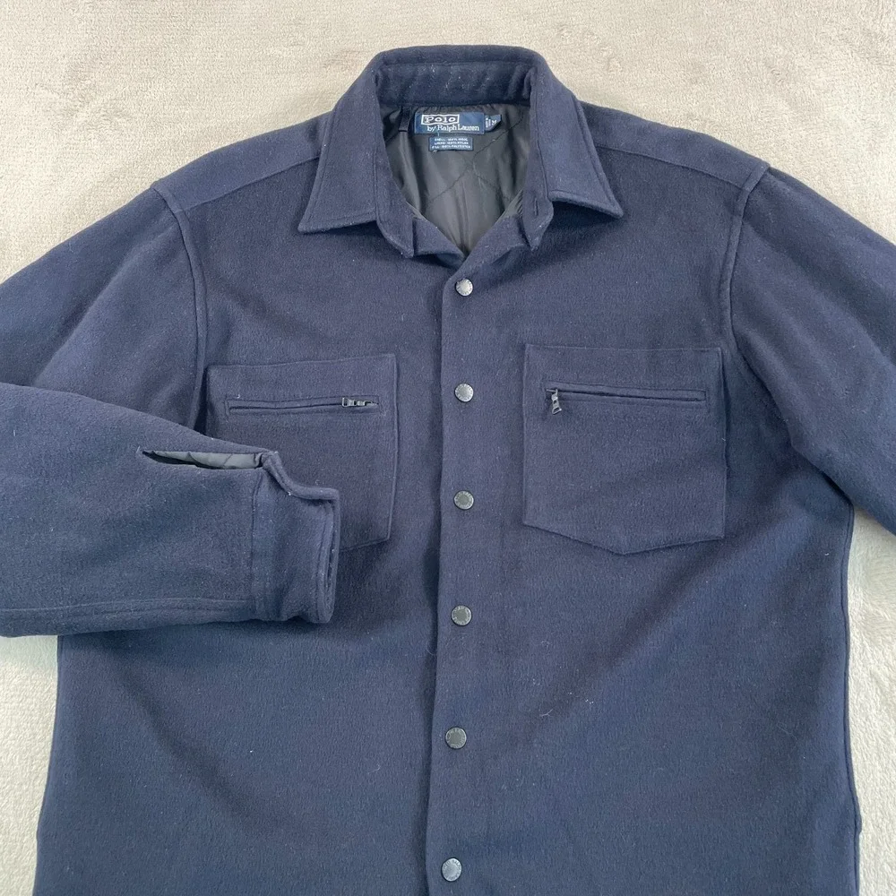 Polo Ralph Lauren Jacket‎ Men Medium Navy 100% Wool Snap Up Quilt Lined Designer